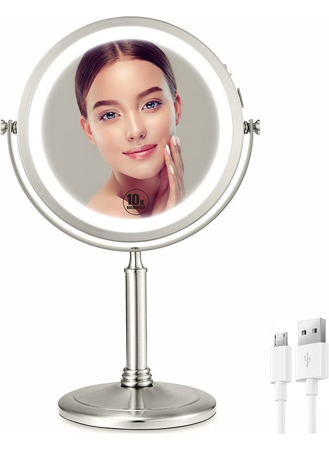 VESAUR مرآة مكياج مضيئة قابلة للشحن بحجم 8" مع مرآة مكبرة مزدوجة الجوانب 1X 10X مع 3 ألوان شاشة تعمل باللمس قابلة لضبط السطوع دوران 360° مرآة محمولة قابلة للفصل باللون النيكل الفضي - Image 1