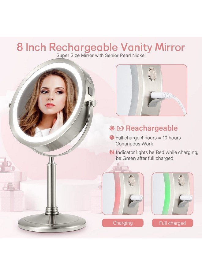 VESAUR مرآة مكياج مضيئة قابلة للشحن بحجم 8" مع مرآة مكبرة مزدوجة الجوانب 1X 10X مع 3 ألوان شاشة تعمل باللمس قابلة لضبط السطوع دوران 360° مرآة محمولة قابلة للفصل باللون النيكل الفضي - Image 3