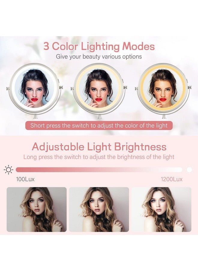 VESAUR مرآة مكياج مضيئة قابلة للشحن بحجم 8" مع مرآة مكبرة مزدوجة الجوانب 1X 10X مع 3 ألوان شاشة تعمل باللمس قابلة لضبط السطوع دوران 360° مرآة محمولة قابلة للفصل باللون النيكل الفضي - Image 4