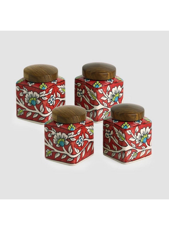 ExclusiveLane 'Mughal Cuboidal' Floral Handpainted Multi Utility Storage Ceramic Jars & Containers with Wooden Lid Ceramic Jars for Kitchen Storage Snacks Jar (Set of 4, Airtight, 240 ML) - Image 1