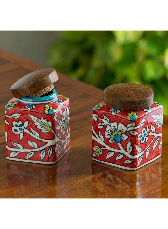 ExclusiveLane 'Mughal Cuboidal' Floral Handpainted Multi Utility Storage Ceramic Jars & Containers with Wooden Lid Ceramic Jars for Kitchen Storage Snacks Jar (Set of 4, Airtight, 240 ML) - Image 2