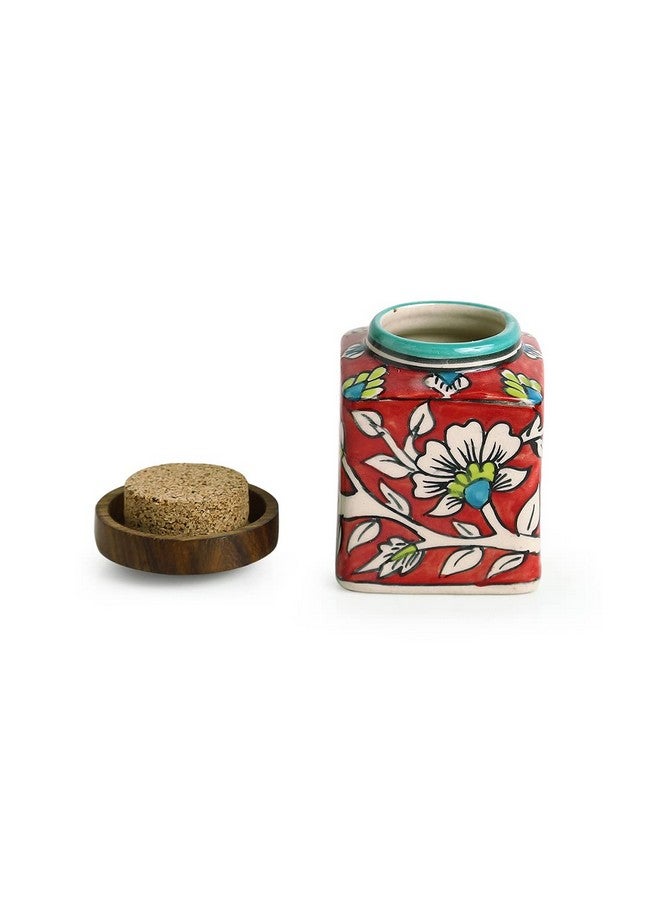 ExclusiveLane 'Mughal Cuboidal' Floral Handpainted Multi Utility Storage Ceramic Jars & Containers with Wooden Lid Ceramic Jars for Kitchen Storage Snacks Jar (Set of 4, Airtight, 240 ML) - Image 4