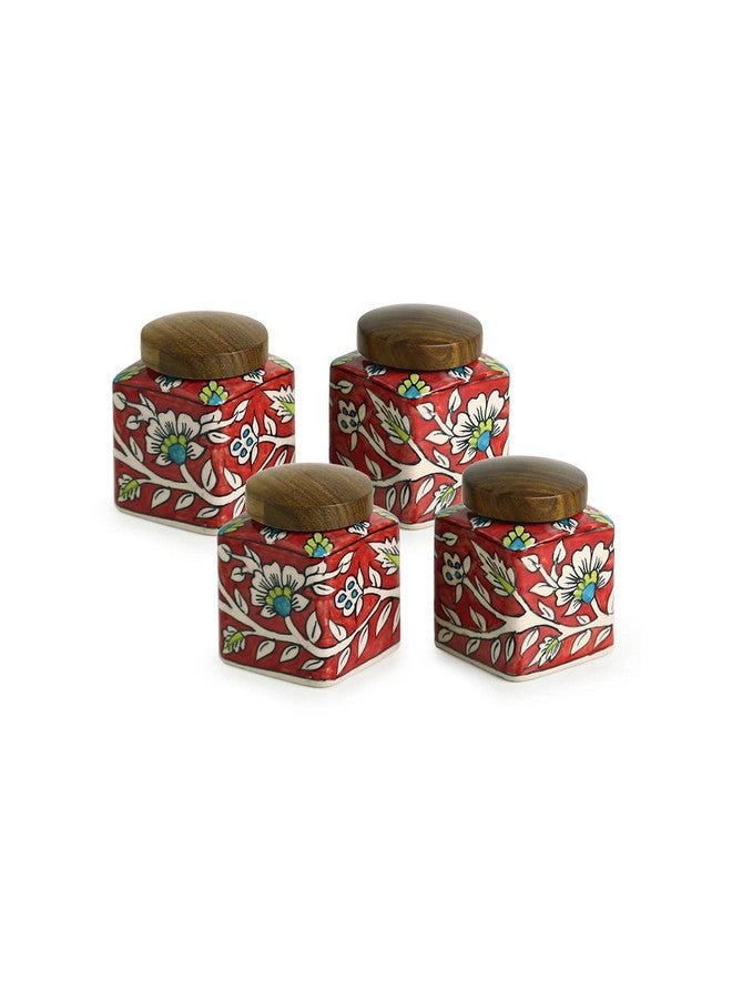 ExclusiveLane 'Mughal Cuboidal' Floral Handpainted Multi Utility Storage Ceramic Jars & Containers with Wooden Lid Ceramic Jars for Kitchen Storage Snacks Jar (Set of 4, Airtight, 240 ML) - Image 3