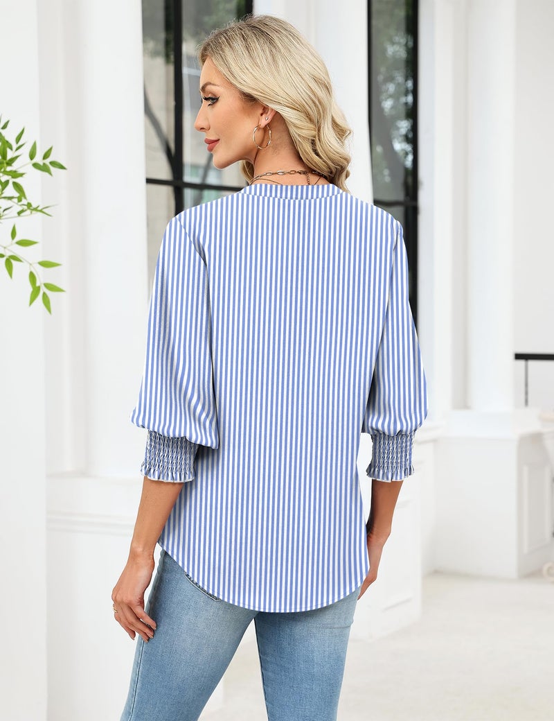 LOMON Striped Shirt Women 2026 Summer 3/4 Length Sleeve V Neck Tops Business Casual Outfits for Women Fashion Blue Stripes L - Image 4