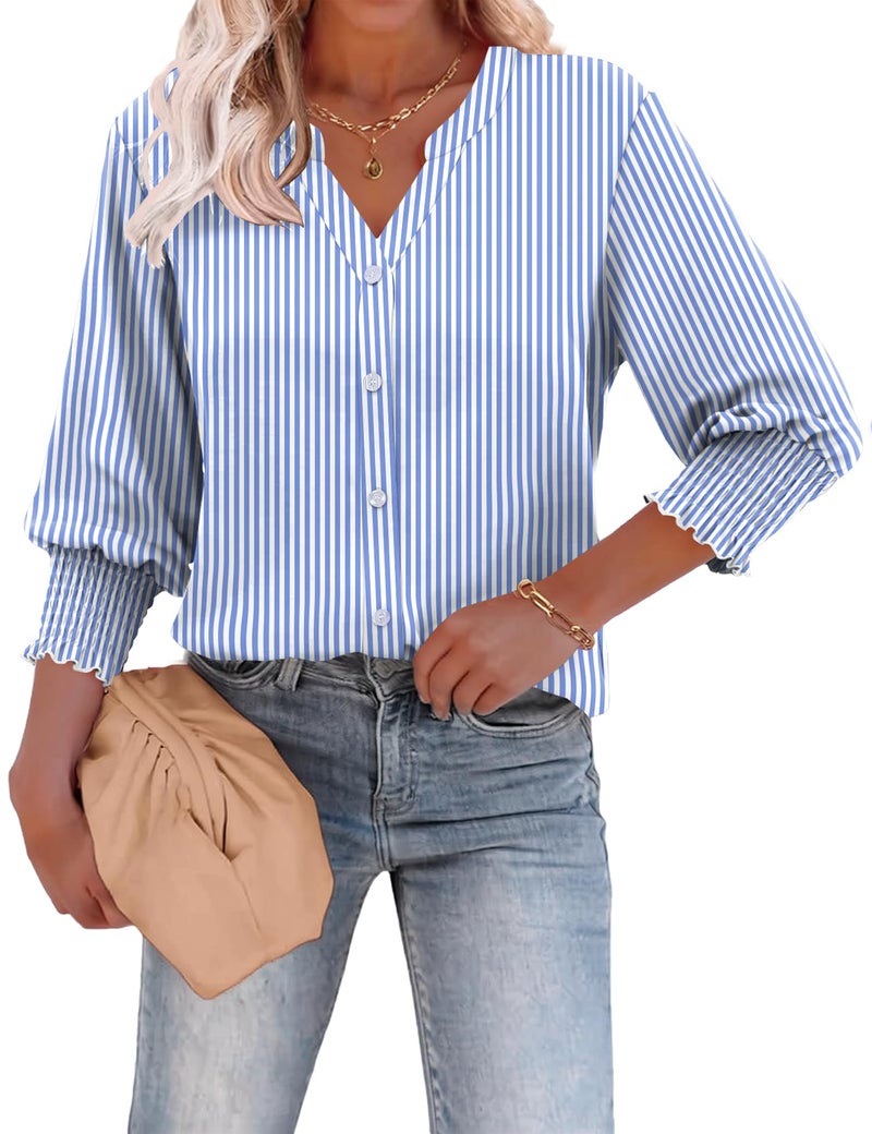 LOMON Striped Shirt Women 2026 Summer 3/4 Length Sleeve V Neck Tops Business Casual Outfits for Women Fashion Blue Stripes L - Image 2