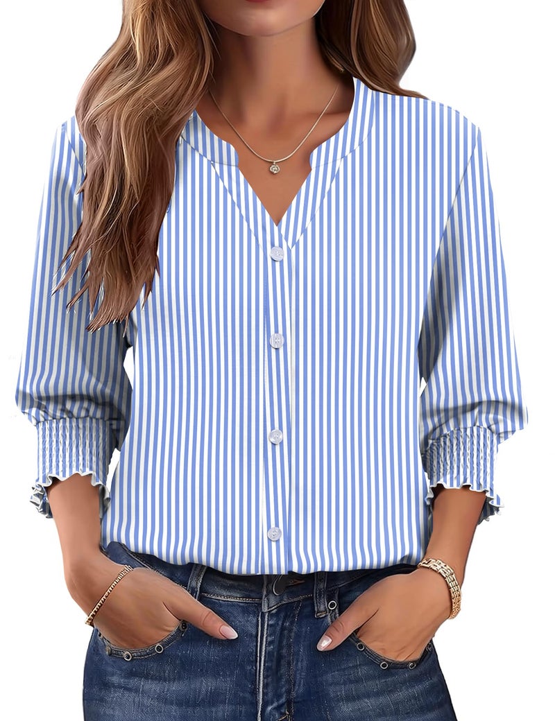 LOMON Striped Shirt Women 2026 Summer 3/4 Length Sleeve V Neck Tops Business Casual Outfits for Women Fashion Blue Stripes L - Image 1