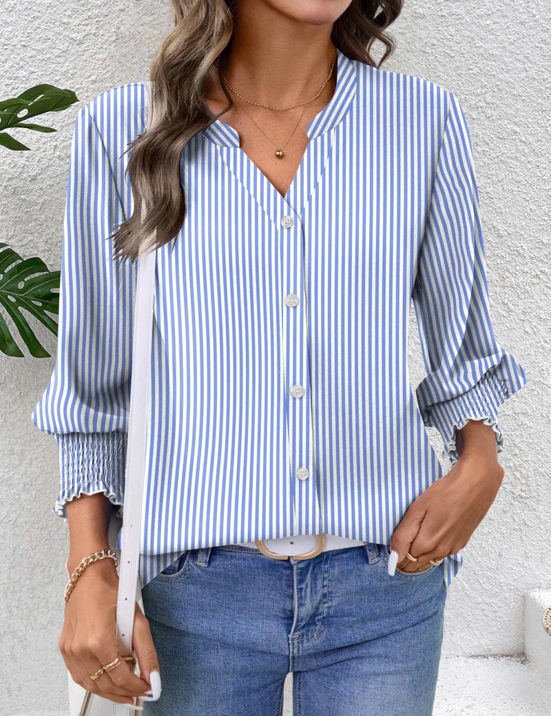 LOMON Striped Shirt Women 2026 Summer 3/4 Length Sleeve V Neck Tops Business Casual Outfits for Women Fashion Blue Stripes L - Image 5