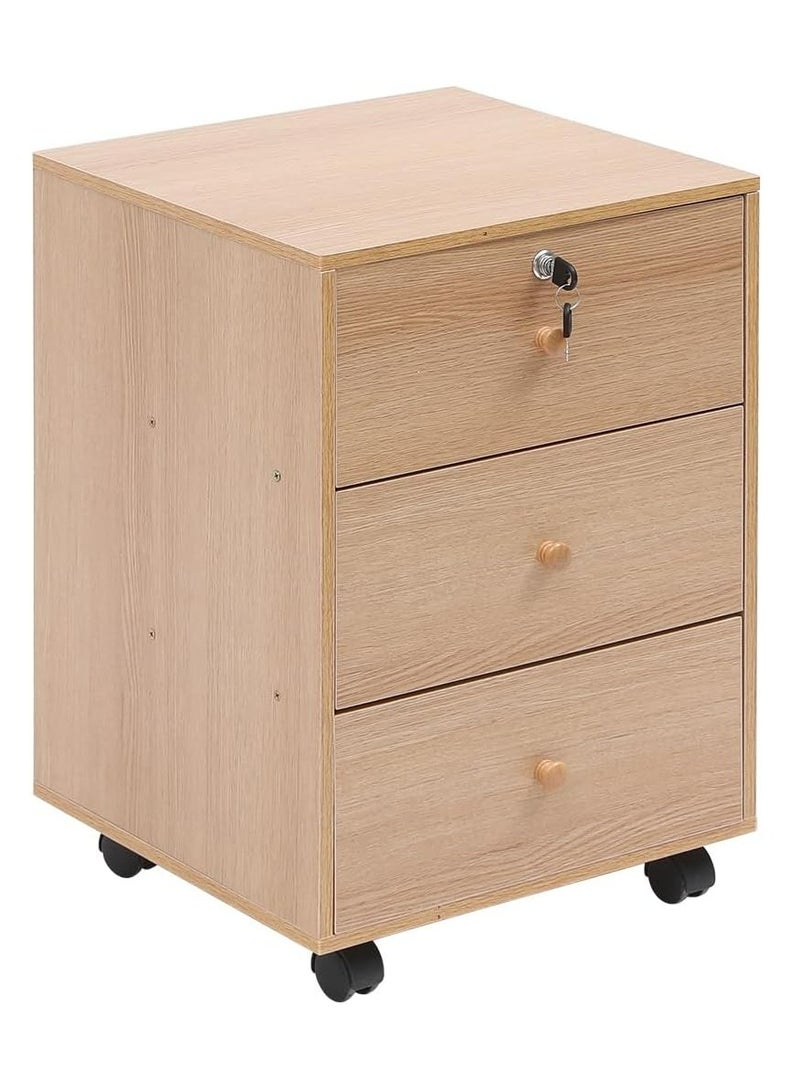 كومودينو أدراج خشبي صغير بعجل – وحدة تخزين للمكتب أو جانب السرير – درج علوي بقفل – لون طبيعي - Image 1