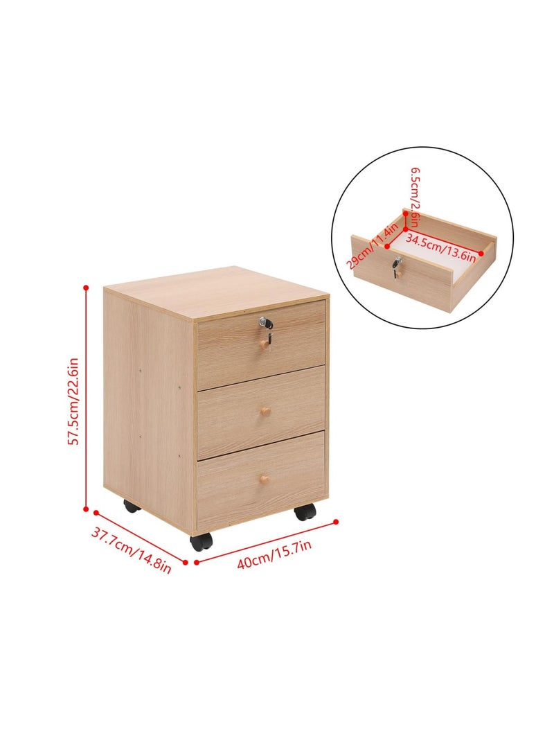 كومودينو أدراج خشبي صغير بعجل – وحدة تخزين للمكتب أو جانب السرير – درج علوي بقفل – لون طبيعي - Image 2