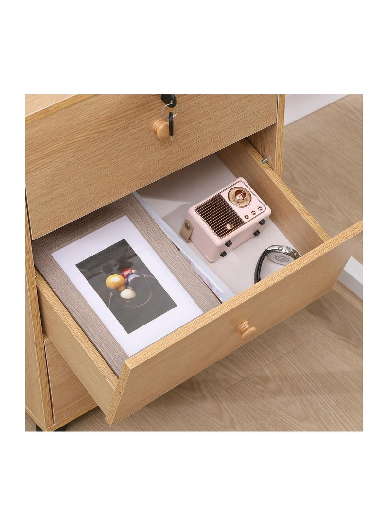 كومودينو أدراج خشبي صغير بعجل – وحدة تخزين للمكتب أو جانب السرير – درج علوي بقفل – لون طبيعي - Image 3