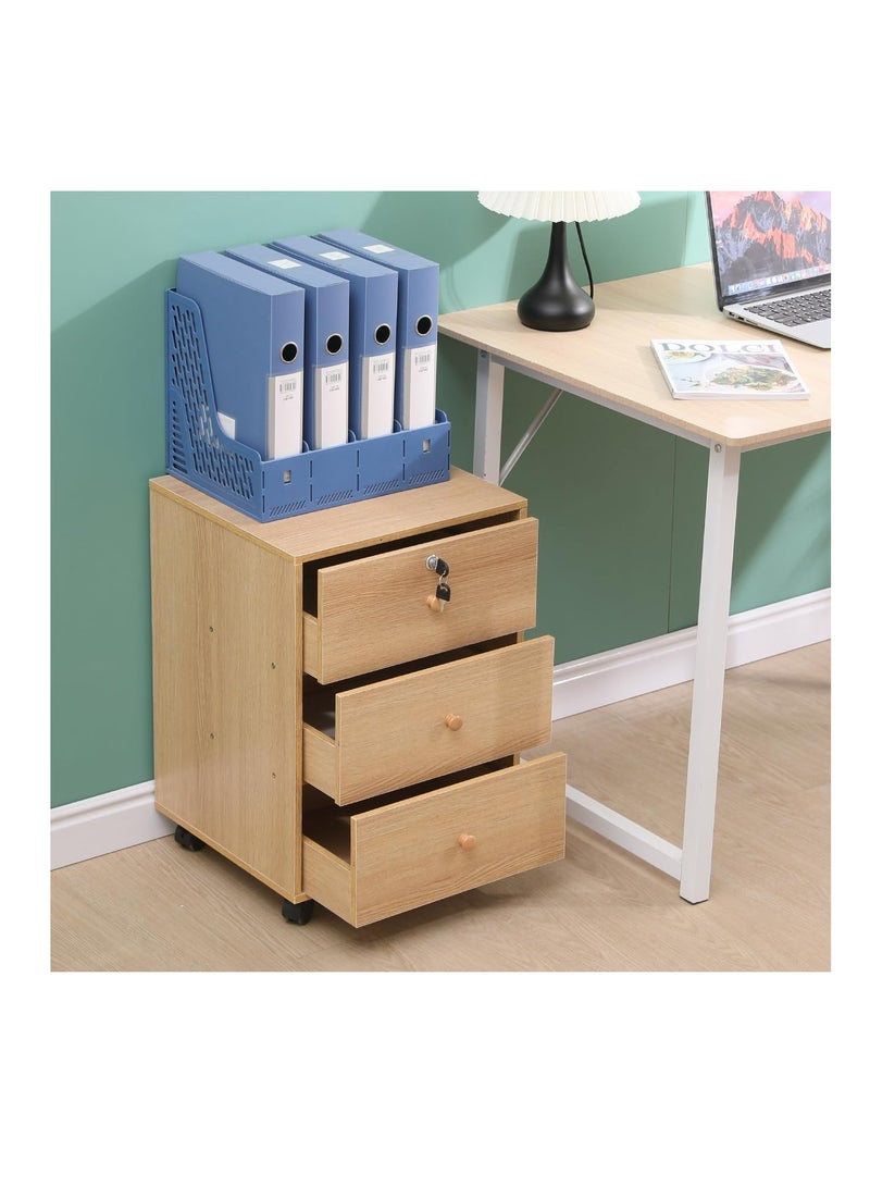 كومودينو أدراج خشبي صغير بعجل – وحدة تخزين للمكتب أو جانب السرير – درج علوي بقفل – لون طبيعي - Image 4