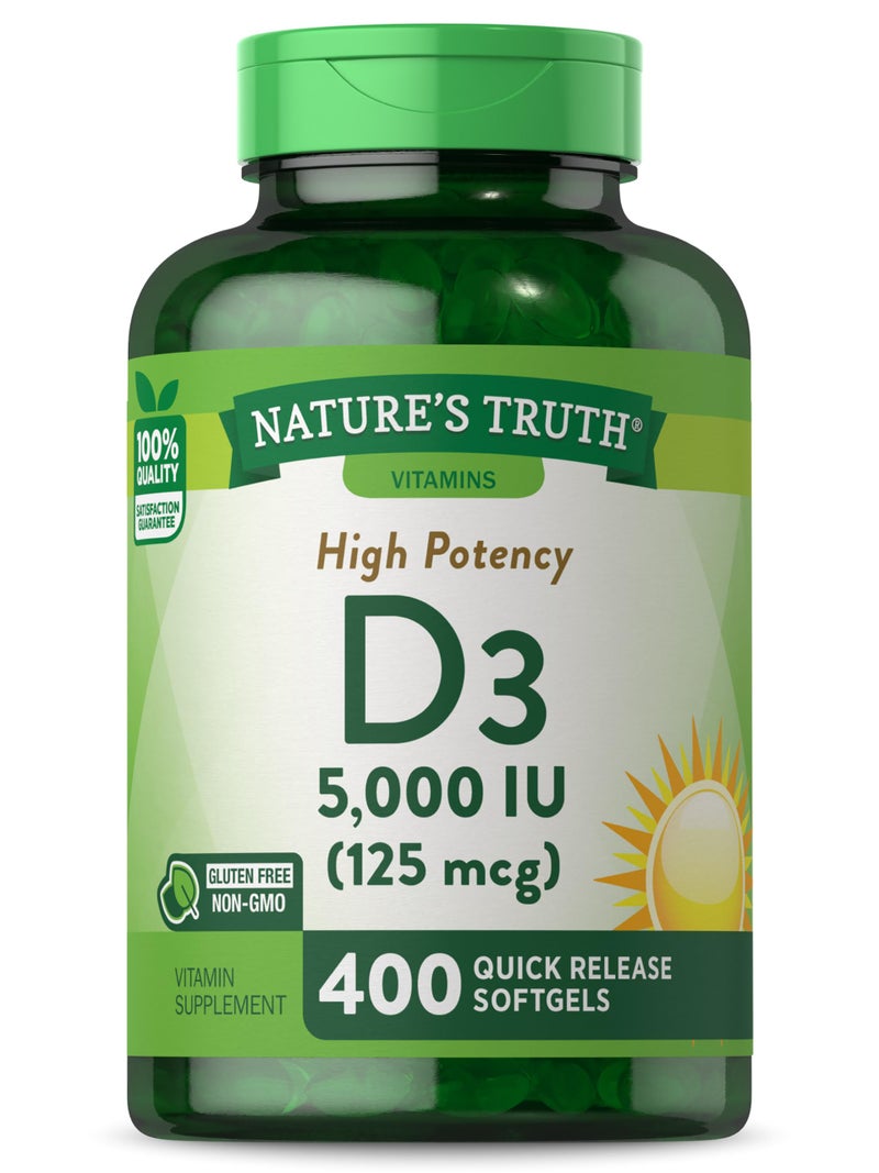 Natures Truth Vitamin D3 5000 IU Softgels 400 Count High Potency NonGMO Gluten Free Supplement