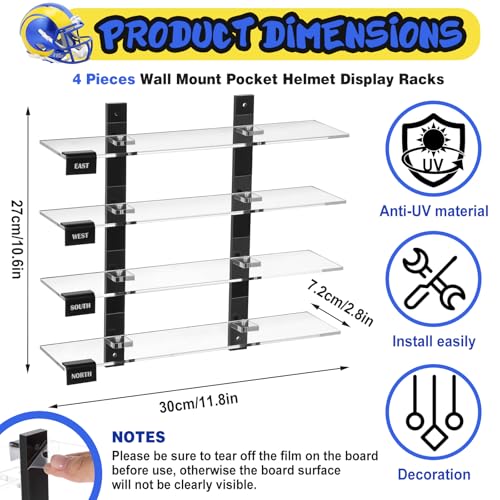 Colingmill Mini Football Helmet Display Racks Wall Mount Pocket Helmet Storage Acrylic Clear Baseball Stand Display Rack Ideal Gift for Sports Enthusiast 1181 x 984 x 315 Inches - Image 3