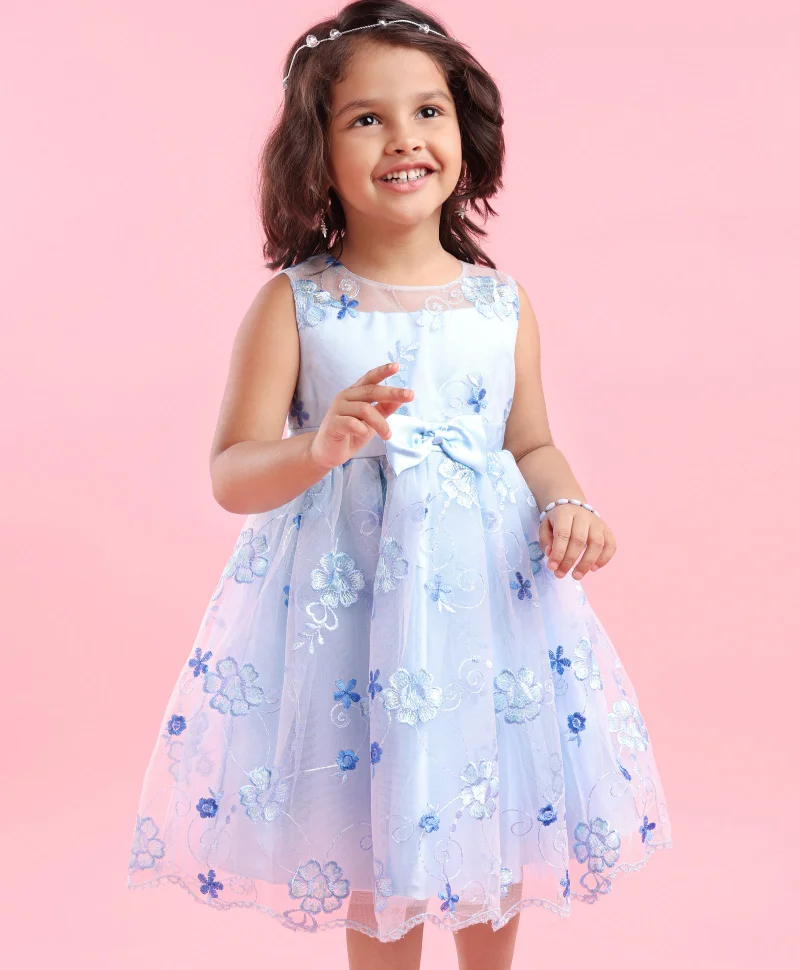 babyhug Babyhug Sleeveless Floral Embroidered Party Frock - Blue