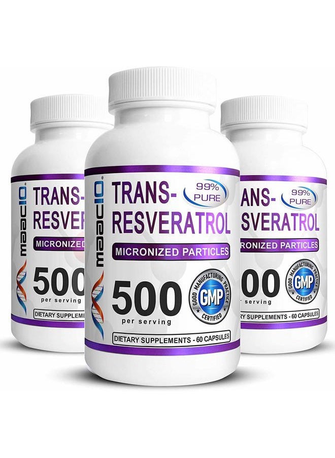 MAAC10 Formulas 99% Pure Trans Resveratrol 500mg (3 Pack Micronized Resveratrol, 180 Count 250mg Capsules, 2 per Serving) Sirtuin Activator & NAD Boosting Supplement. - Image 1