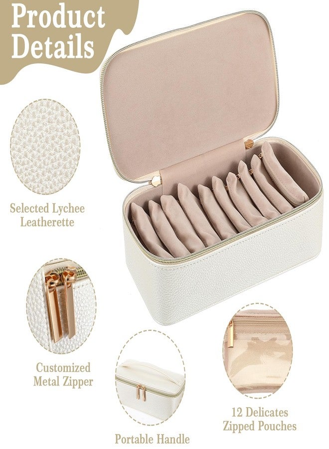 AojSup Small Jewelry Travel Case with 12 Velvet Pouches, Travel Jewelry Bag Organizer with Handle for Women Girls, Compact Jewelries Box for Earrings, Bracelets, Necklaces and Rings (White) - Image 3