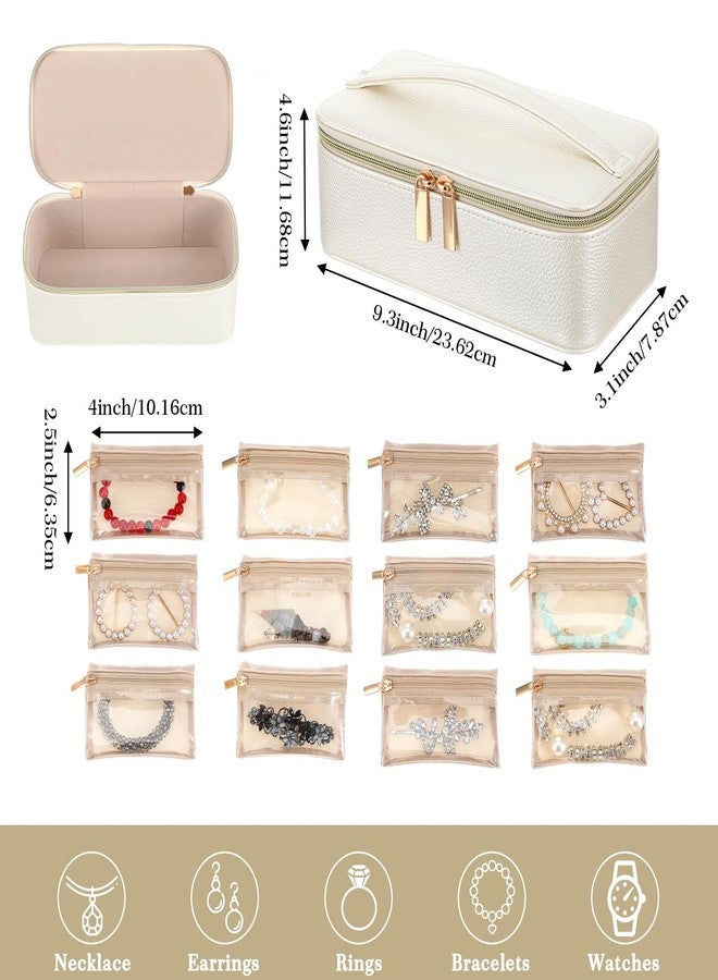 AojSup Small Jewelry Travel Case with 12 Velvet Pouches, Travel Jewelry Bag Organizer with Handle for Women Girls, Compact Jewelries Box for Earrings, Bracelets, Necklaces and Rings (White) - Image 2