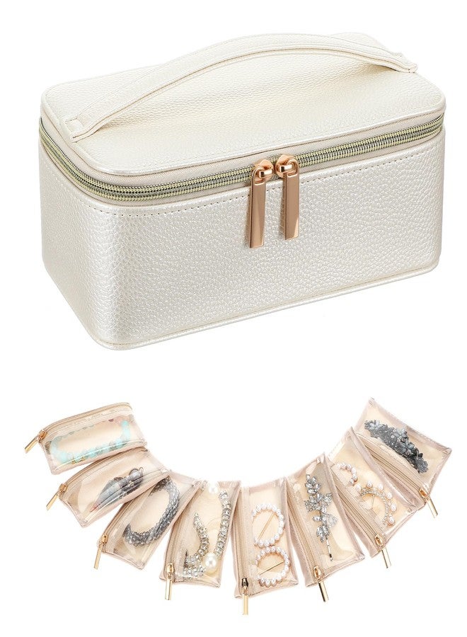 AojSup Small Jewelry Travel Case with 12 Velvet Pouches, Travel Jewelry Bag Organizer with Handle for Women Girls, Compact Jewelries Box for Earrings, Bracelets, Necklaces and Rings (White) - Image 1