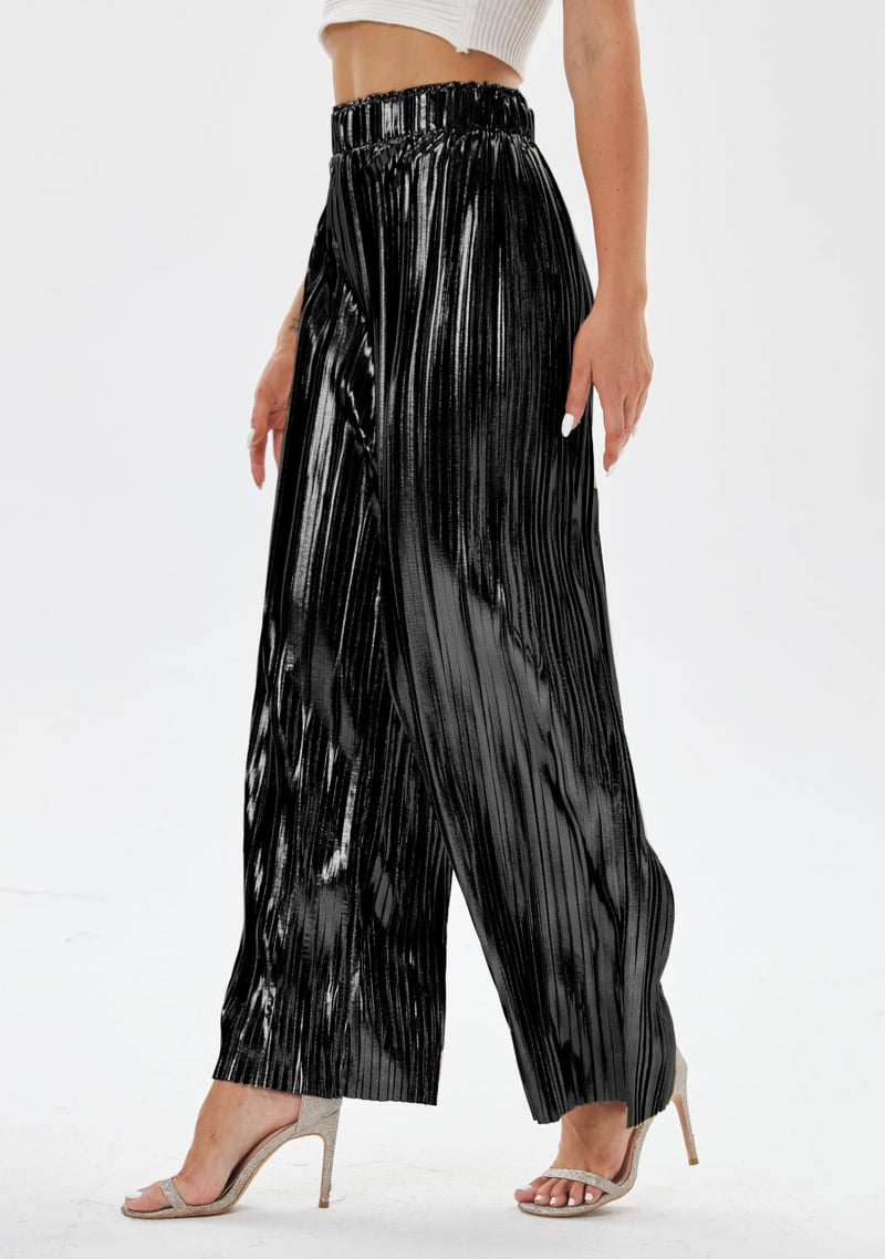 heipeiwa Women's Shiny Pleated Wide Leg Pants Party Nightout High Waist Trouser Folded Lightweight Outfit Clubwear Black - Image 2