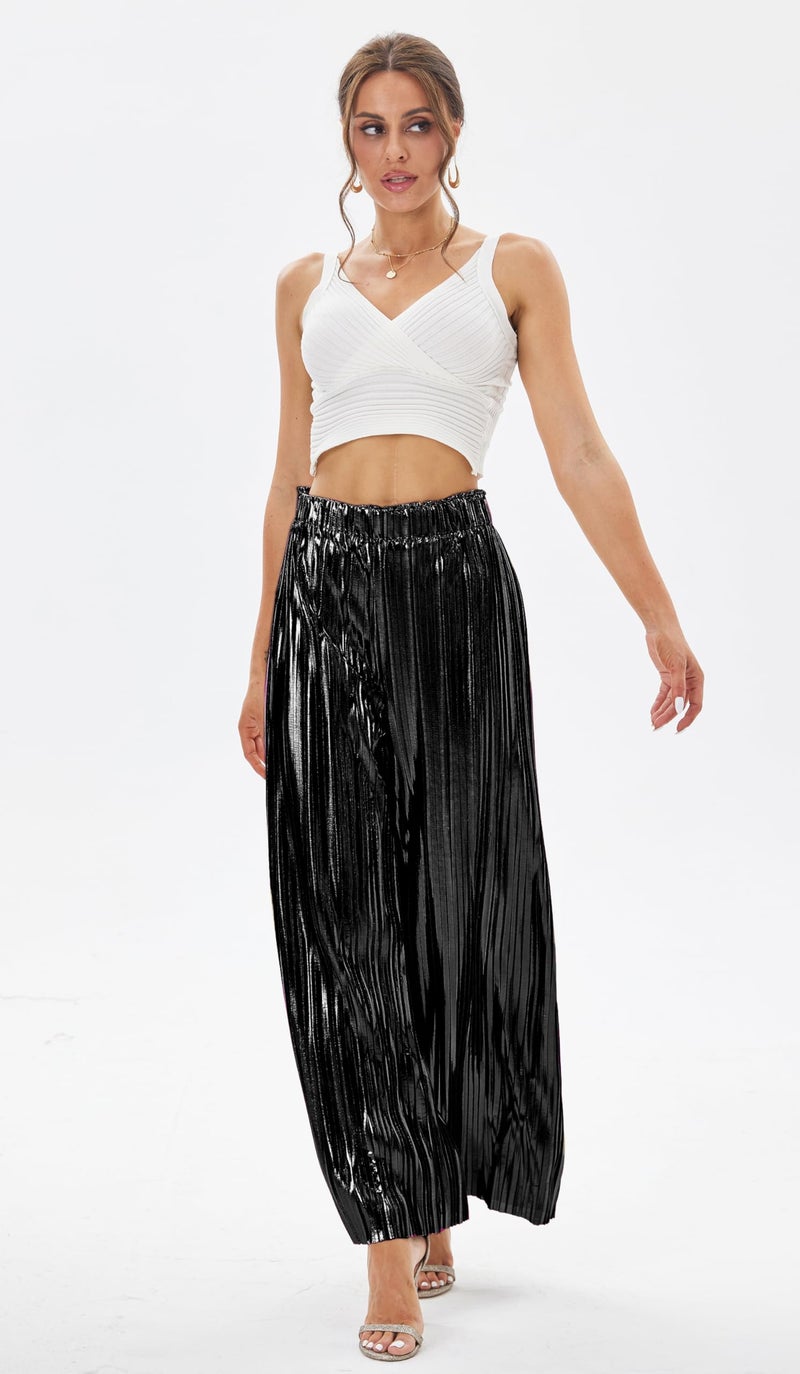heipeiwa Women's Shiny Pleated Wide Leg Pants Party Nightout High Waist Trouser Folded Lightweight Outfit Clubwear Black - Image 3