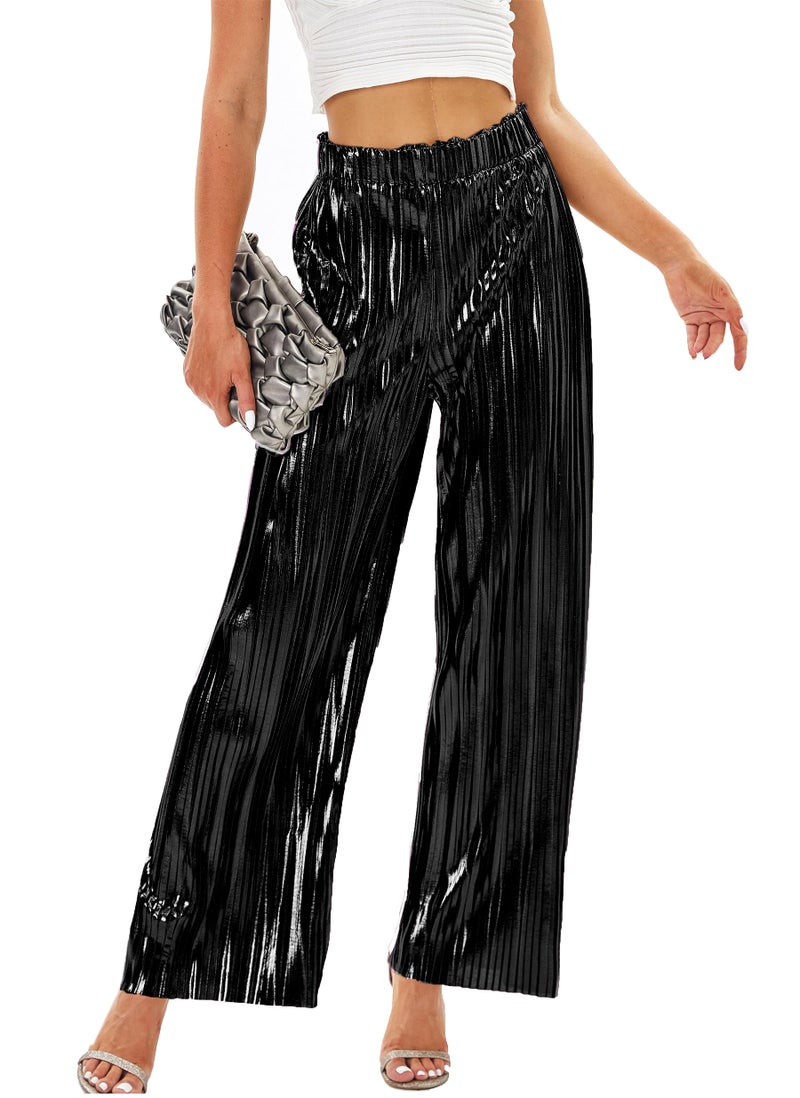 heipeiwa Women's Shiny Pleated Wide Leg Pants Party Nightout High Waist Trouser Folded Lightweight Outfit Clubwear Black - Image 1