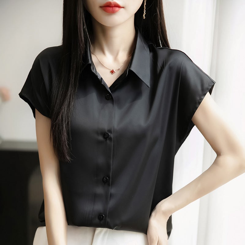 Silk Satin 25 Spring And Women'S Polo Collar Short Fashion T-Shirt Thin Base Shirt Age-Reducing Short Sleeve - Image 3