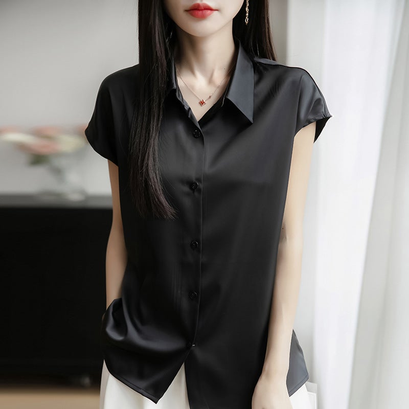 Silk Satin 25 Spring And Women'S Polo Collar Short Fashion T-Shirt Thin Base Shirt Age-Reducing Short Sleeve - Image 1