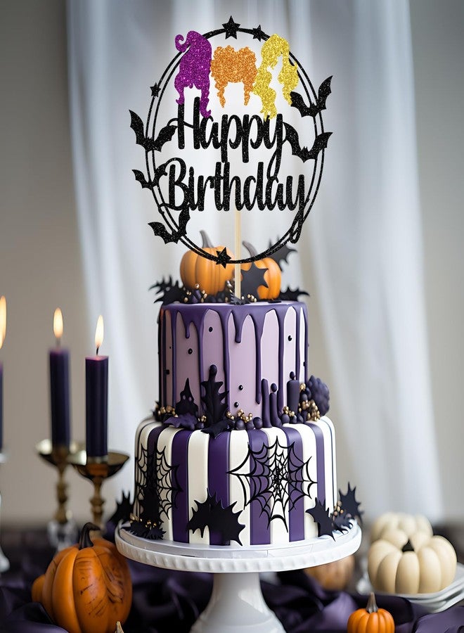 Yotawebery Hocus Pocus Happy Birthday Cake Topper, Halloween Themed Birthday Cake Decorations, Witches Birthday Party Decor, Halloween Happy Bday Party Decorations Glitter - Image 3