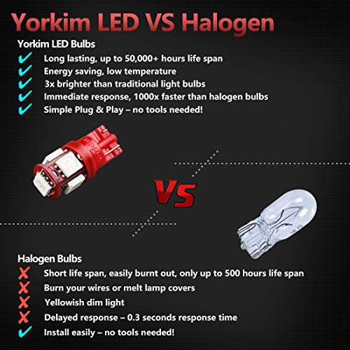 Yorkim 194 LED Bulbs Red Super Bright New 5th Generation, T10 168 LED Bulb for Car Interior Dome License Plate Map Door Courtesy Lights W5W 2825, Pack of 10 - Image 5