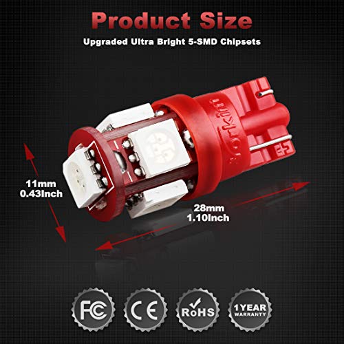Yorkim 194 LED Bulbs Red Super Bright New 5th Generation, T10 168 LED Bulb for Car Interior Dome License Plate Map Door Courtesy Lights W5W 2825, Pack of 10 - Image 2