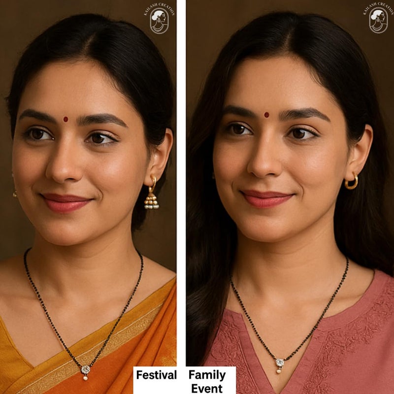 Kailash Creation American Diamond Round Square Single and Multi Stone Gold Plated Mangalsutra for Women – 18 Inch Black Bead Chain with S-Hook Clasp - Image 5