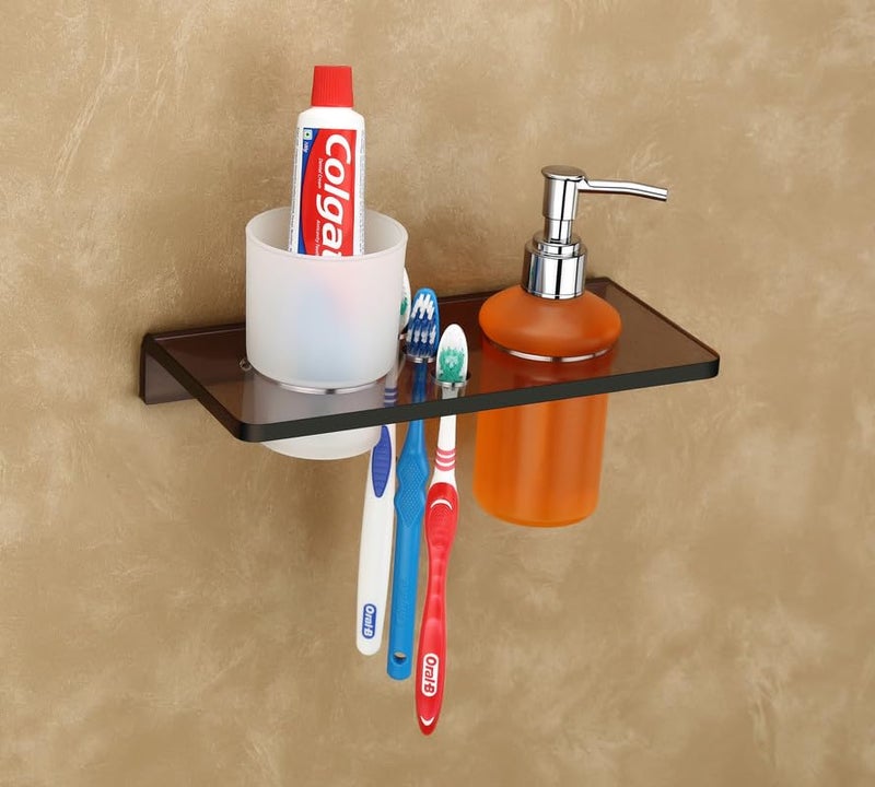 HAPPI Unbreakable Acrylic Toothpaste Glass Tumbler with Liquid Dispenser, Tooth Brush Holder Stand Wall Mounted for Bathroom (Smoke Black) - Image 1