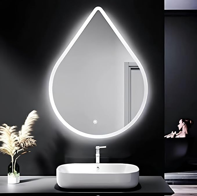 NABAB NABAB Water Drop Shape 18x24 inch LED Lighted Bathroom Mirror Wall Mounted Vanity with Smart Touch Button Memory Function Adjustable Warm WhiteNaturalDaylight LightsHorizontalVertical 