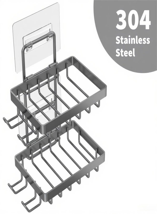 Moforoco حامل صابون مزدوج رمادي من موفوروكو للاستحمام، لا يحتاج إلى ثقب، مصنوع من الفولاذ المقاوم للصدأ 304، حامل صابون يُثبت على الحائط بأربعة خطافات وحامل لشفرة الحلاقة، رف صابون للاستحمام - Image 2