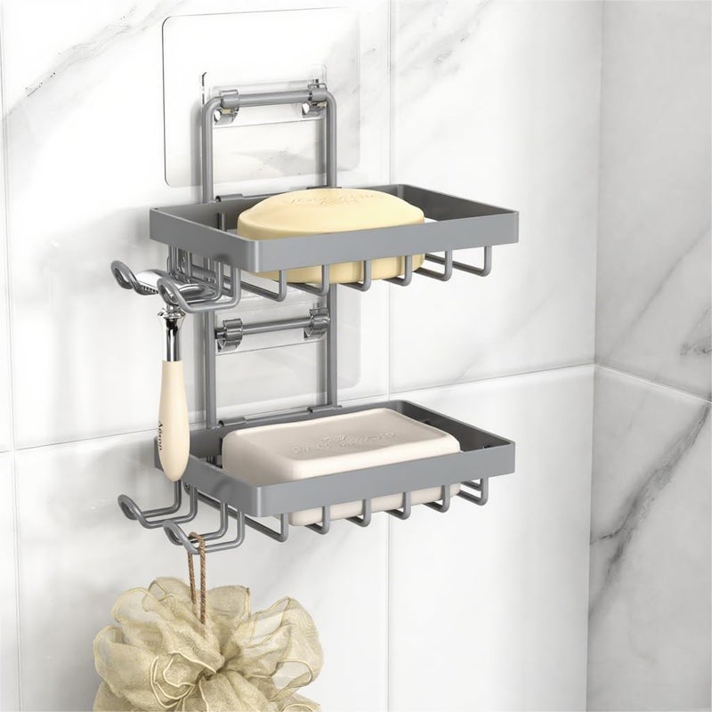 Moforoco حامل صابون مزدوج رمادي من موفوروكو للاستحمام، لا يحتاج إلى ثقب، مصنوع من الفولاذ المقاوم للصدأ 304، حامل صابون يُثبت على الحائط بأربعة خطافات وحامل لشفرة الحلاقة، رف صابون للاستحمام - Image 1