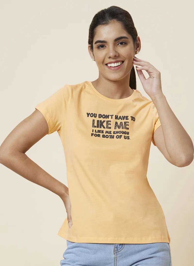 globus Globus Women Peach Typography Printed Pure Cotton T-Shirt