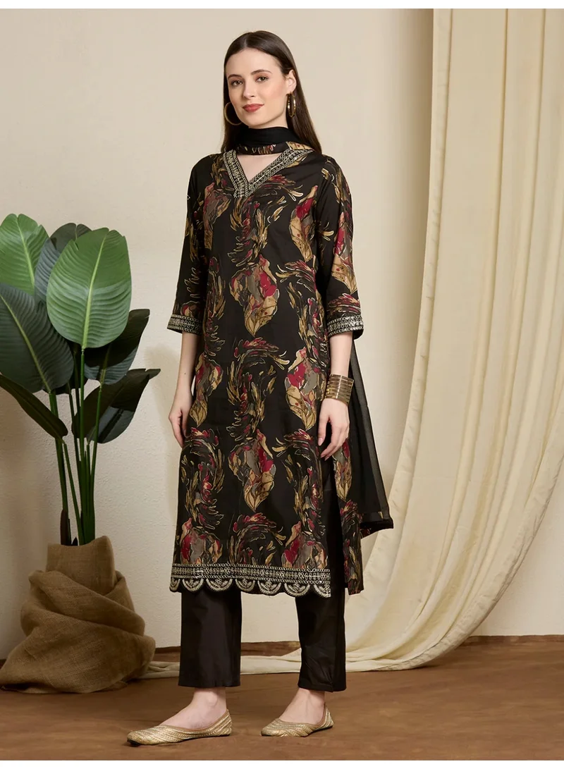 باناش برييا طقم كورتا مستقيم مطبوع بورق زهري مع بنطال ودوپتة – أسود | فستان هندي للسيدات سالوار سوت | ملابس هندية احتفالية للنساء