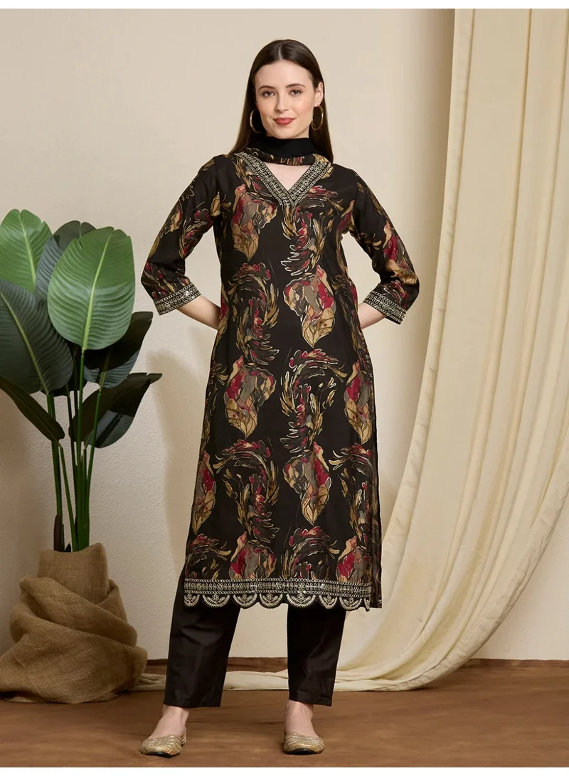 باناش برييا طقم كورتا مستقيم مطبوع بورق زهري مع بنطال ودوپتة – أسود | فستان هندي للسيدات سالوار سوت | ملابس هندية احتفالية للنساء