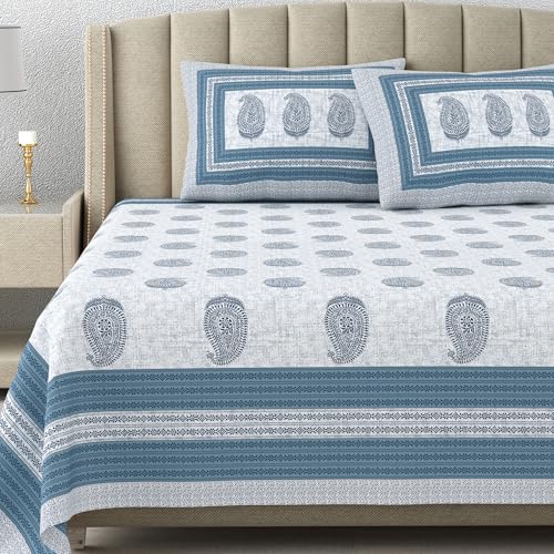 DE CAMA Since 1997 | 100% Cotton 300 TC Premium King Size Bedsheet for Double Bed (90 x 108 Inch) with 2 Pillow Covers Set (17 x 27 Inch) Designer Printed Bedsheet Set - Paisley Blue - Image 1
