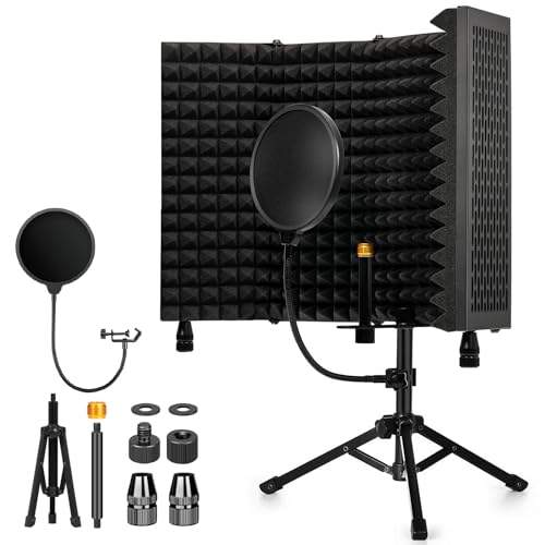 Dmsky Recording Microphone Isolation Shield with Pop Filter & Tripod Stand,Foldable Mic Shield with Triple Sound Insulation, High Density Mic Sound Shield for Studio, Podcasts, Singing,Broadcasting - Image 1