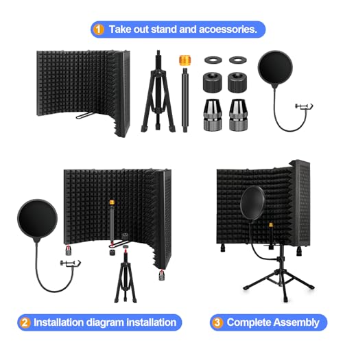Dmsky Recording Microphone Isolation Shield with Pop Filter & Tripod Stand,Foldable Mic Shield with Triple Sound Insulation, High Density Mic Sound Shield for Studio, Podcasts, Singing,Broadcasting - Image 3