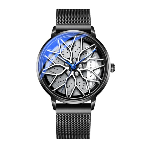 SOLLEN Men's Car Wheel Watches, Cool & Stylish Racing Style Rotating Dial Car Rim Watch, 30M Waterproof Men's Skeleton Analog Watch with Japanese Quartz & Luminous Function, Casual Luxury Wristwatch - 42.5mm - Image 1