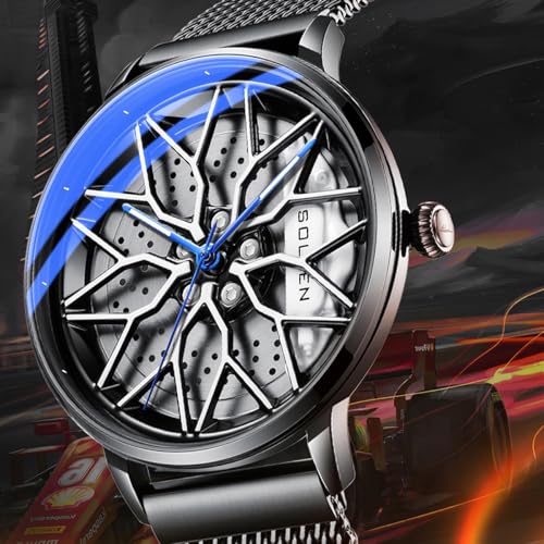 SOLLEN Men's Car Wheel Watches, Cool & Stylish Racing Style Rotating Dial Car Rim Watch, 30M Waterproof Men's Skeleton Analog Watch with Japanese Quartz & Luminous Function, Casual Luxury Wristwatch - 42.5mm - Image 2