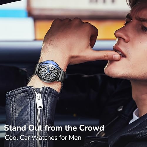 SOLLEN Men's Car Wheel Watches, Cool & Stylish Racing Style Rotating Dial Car Rim Watch, 30M Waterproof Men's Skeleton Analog Watch with Japanese Quartz & Luminous Function, Casual Luxury Wristwatch - 42.5mm - Image 3