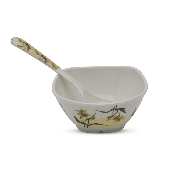 Bataniya Melamine Green Floral 9 pcs Serving Set with 1 Serving Tray, 4 Veg Bowl and 4 Tea Spoon for Snacks, Desserts and Other eateries. - Image 4