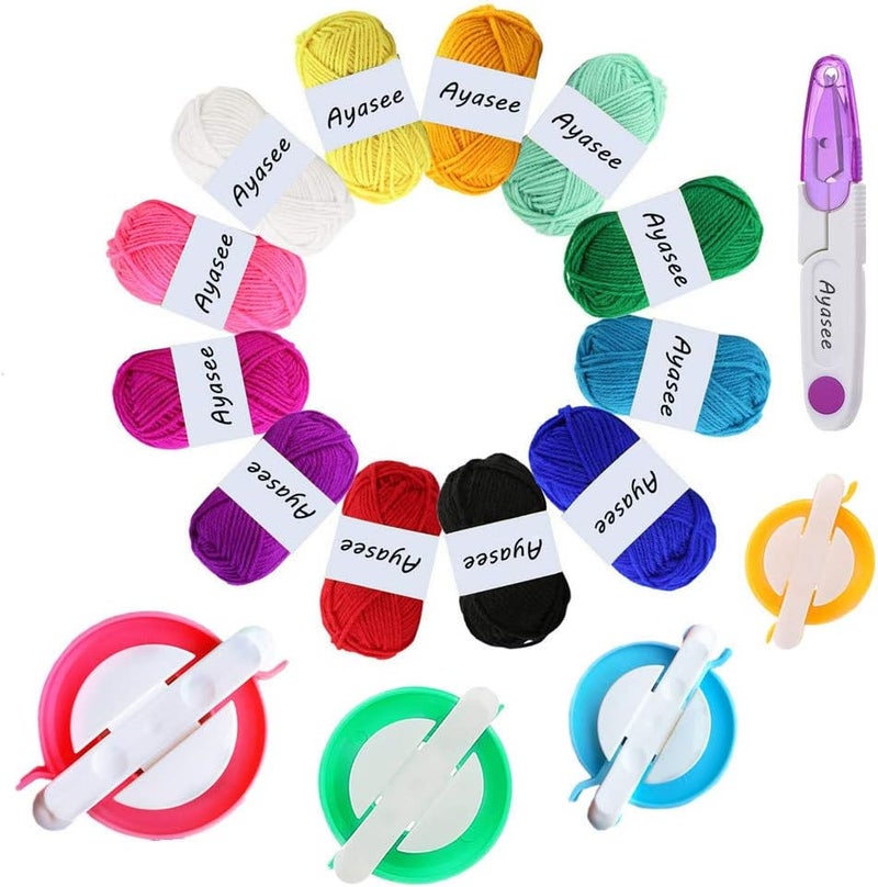 Ayasee Pompom Maker, 4 Sizes Pom pom Makers for Fluff Ball Weaver Needle Craft DIY Wool Knitting Craft Tool Set Decoration+12PS Acrylic Yarn+1PS Scissors (17a) - Image 1