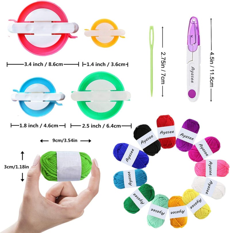 Ayasee Pompom Maker, 4 Sizes Pom pom Makers for Fluff Ball Weaver Needle Craft DIY Wool Knitting Craft Tool Set Decoration+12PS Acrylic Yarn+1PS Scissors (17a) - Image 3