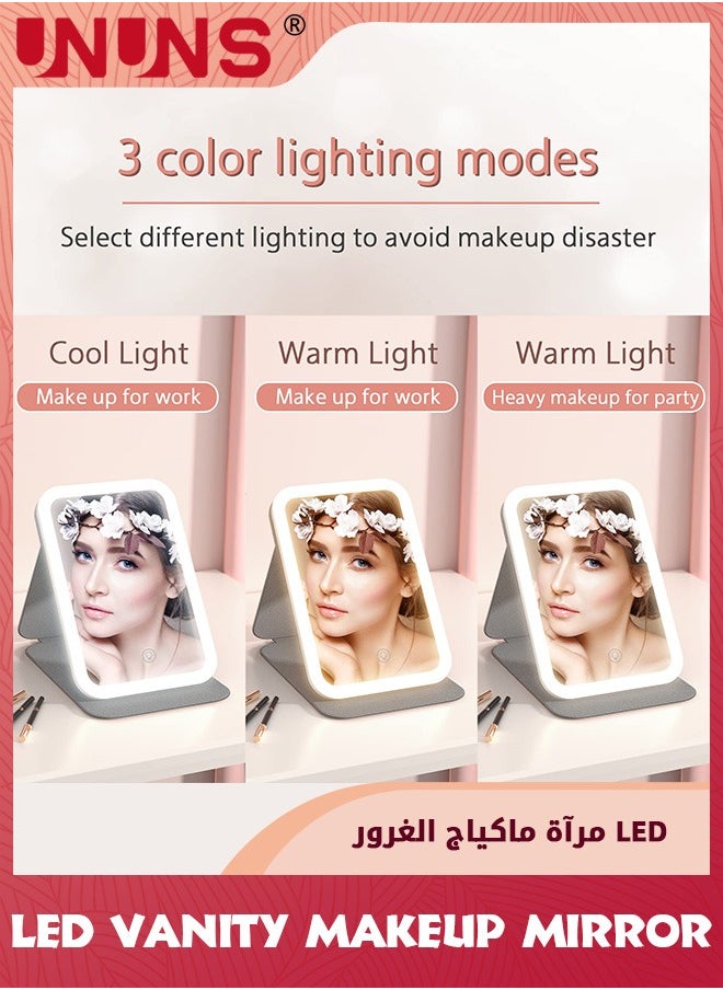 UNUNS مرايا السفر، مرآة مكياج LED محمولة، مرآة تزيين بلمس شاشة دوارة بزاوية 360°، مرآة تجميل قابلة لإعادة الشحن، إضاءة ثلاثية الألوان قابلة للتعتيم، مرآة طاولة قابلة للطي مدمجة للمنزل والحمام وغرفة النوم  - Image 2