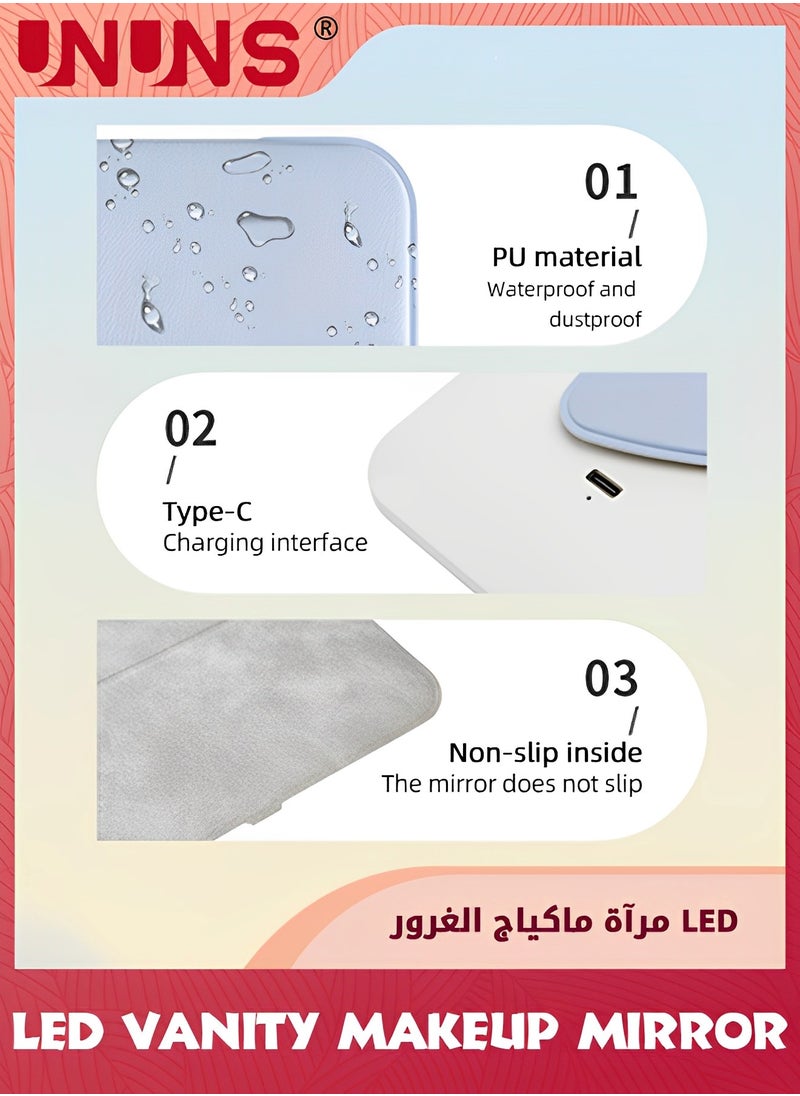 UNUNS مرايا السفر، مرآة مكياج LED محمولة، مرآة تزيين بلمس شاشة دوارة بزاوية 360°، مرآة تجميل قابلة لإعادة الشحن، إضاءة ثلاثية الألوان قابلة للتعتيم، مرآة طاولة قابلة للطي مدمجة للمنزل والحمام وغرفة النوم  - Image 5