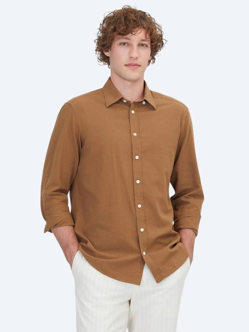 Kip Light Brown Plain Regular Fit Long Weaving Casual 100% Cotton Shirt